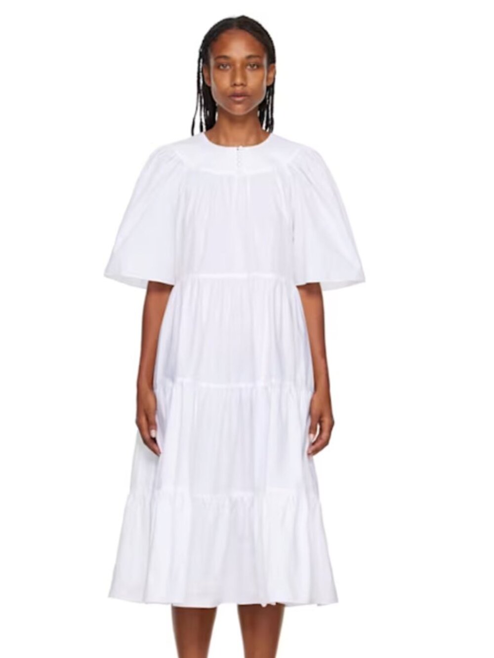 Rosetta Getty USA Tiered Ruffle Cotton Short Sleeve Midi Dress White Pockets, XS